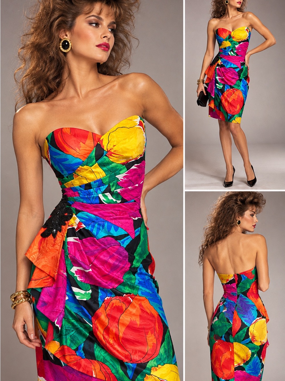 Vintage 1980s A.J. Bari 100% Silk Strapless Draped Floral Cocktail Dress